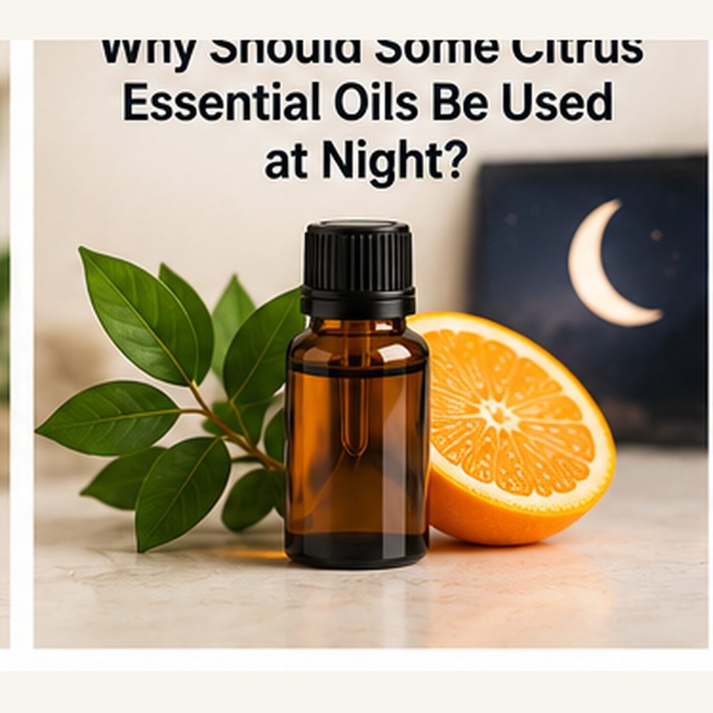 Citrus essential oil bottles representing nighttime aromatherapy use