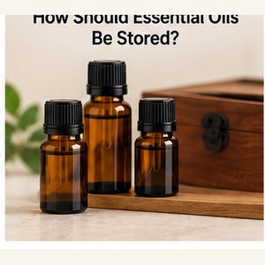 Essential oils stored in dark glass bottles away from light