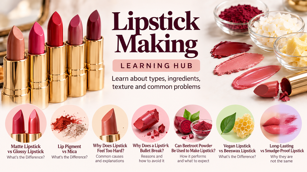 Lipstick making learning hub covering lipstick types, ingredients, texture and common problems