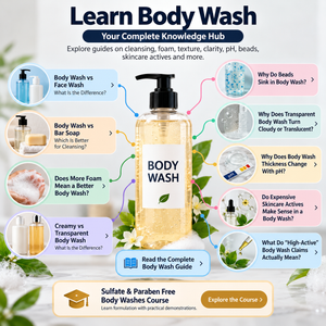 Body wash learning hub covering cleansing foam texture pH beads and skincare actives