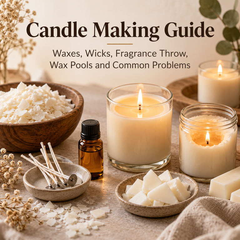 Candle making guide covering waxes, wicks, fragrance throw and wax pools