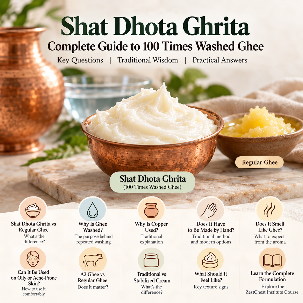 Shat Dhota Ghrita complete guide to 100 times washed ghee with creamy texture and traditional copper vessel